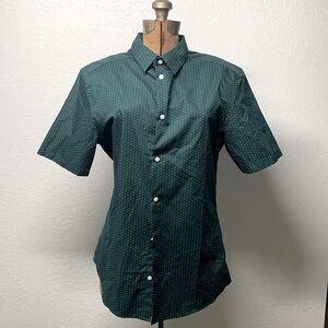 Hunter green H&M short sleeve button up with white polka dots NWOT
